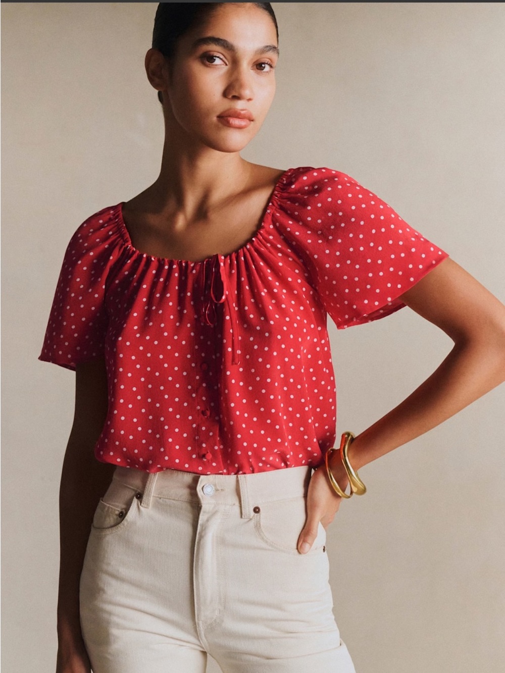 Sezane Vikaly Blouse Red With White Polka Dots - Size 8
